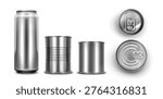 Realistic 3D metal can mockups set isolated on white background. Vector illustration of blank aluminum packaging for food and drinks, glossy silver surface for branding, side and top view design