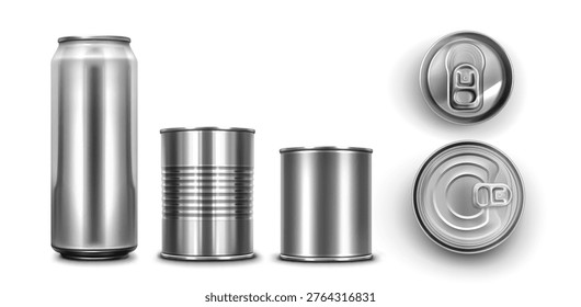 Realistic 3D metal can mockups set isolated on white background. Vector illustration of blank aluminum packaging for food and drinks, glossy silver surface for branding, side and top view design