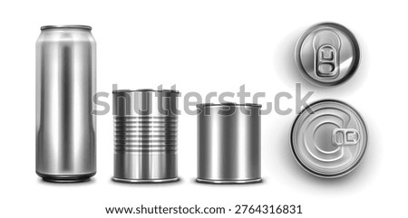 Realistic 3D metal can mockups set isolated on white background. Vector illustration of blank aluminum packaging for food and drinks, glossy silver surface for branding, side and top view design