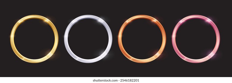 Realistic 3D Metal Circle Frames: Gold, Silver, Bronze, and Rose Gold Medals for First, Second, Third and Fourth Place. High-quality blank Badge and Ring Set on Black Background. Vector.