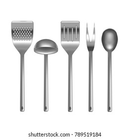 Realistic 3d Metal Kitchen Utensils Set Cooking Tools for Home and Restaurant. Vector illustration