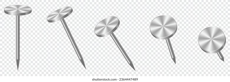 Realistic 3d metal nails. Nail metal. Realistic set of metal pins. Metallic hardware vector set. Vector illustration