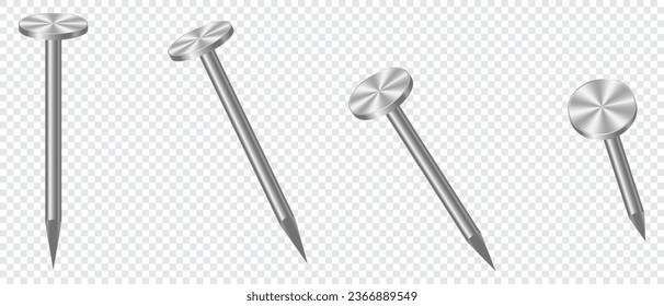 Realistic 3d metal nails. Nail metal. Realistic set of metal pins. Metallic hardware vector set. Vector illustration