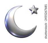 Realistic 3d metal shape Moon in Y2K style on transparent background. Vector illustration