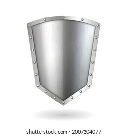 Realistic 3d metal silver shield icon. Chromed metal steel shield. Security and protection emblem template isolated on white background. Vector illustration