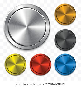 Realistic 3D Metallic Round Buttons Set – Silver, Gold, Black, Yellow, Red and Blue Brushed Metal Control Dial Icons Isolated on Transparent Background Vector Illustration