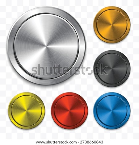 Realistic 3D Metallic Round Buttons Set – Silver, Gold, Black, Yellow, Red and Blue Brushed Metal Control Dial Icons Isolated on Transparent Background Vector Illustration