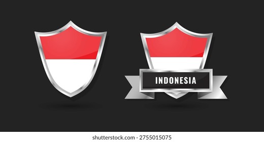 Realistic 3D metallic shield and ribbon featuring the national flag of Indonesia, designed for Southeast Asian branding and international patriotic relations.