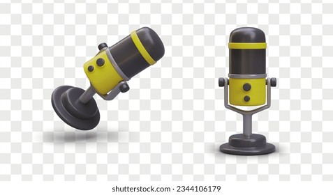 Realistic 3d microphone in different positions. Audio recording device. Podcast or karaoke microphone. Device for radio station broadcasting studio. Vector illustration