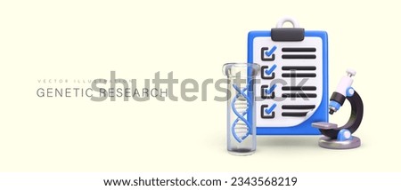 Realistic 3d microscope, clipboard with checklist and flask with DNA. Special medical equipment for laboratory. DNA researches in clinic concept. Vector illustration with place for text