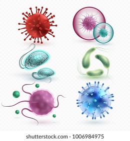 Realistic 3d microscopic viruses and bacteria isolated vector set. Microscopic cell illness, bacterium and microorganism illustration