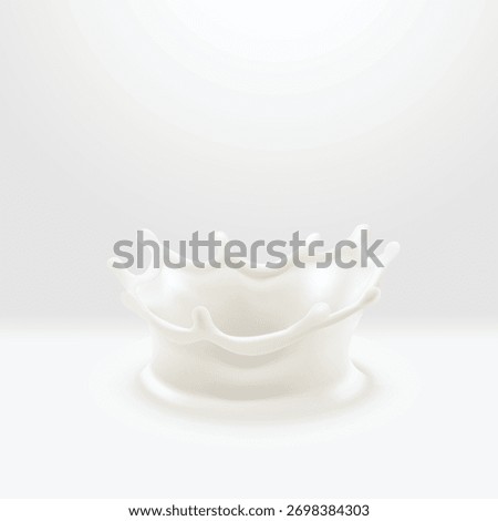 Realistic 3D milk crown splash on a light surface. Clean white liquid, cream, or yogurt splash with ripples. Vector element.