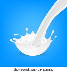 Realistic 3d Milk Flow Splash On Blue. EPS10 Vector