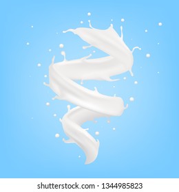 Realistic 3d Milk Spiral Jet Splash On Blue. EPS10 Vector