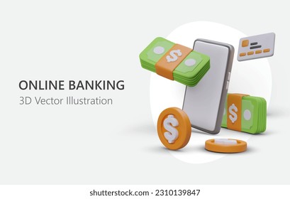 Realistic 3d mobile phone, credit card, banknotes, coins. Online banking and cashless concept. Colorful web page with place for text. Vector illustration in green and yellow colors