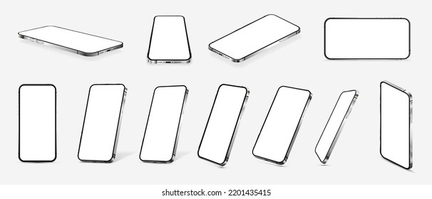 Realistic 3D Mobile phone devices mockups for presentation UI, UX, KIT. Smartphones in different angles - front, horizontal, isometric, perspective. Realistic 3D gadgets - smartphone. Vector template