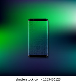 Realistic 3d mobile smartphone with gradient abstract background. Template with blur green, violet and blue colors. Vector illustration.