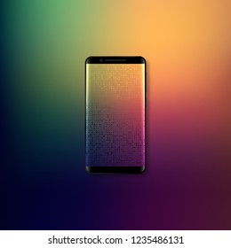 Realistic 3d mobile smartphone with gradient abstract background. Template with blur yellow, green, pink and blue colors. Vector illustration.