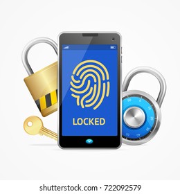 Realistic 3d Mobile Smartphone Security on Screen with Lock or Padlock Technology Protection Business Information Concept. Vector illustration of Safe Private