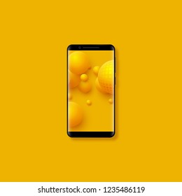Realistic 3d mobile smartphone with yellow color balls. Yellow background. Vector illustration.