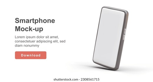 Realistic 3d mock-up of big smartphone with white screen. Web page for online store with red button download. Mock up sale concept. Vector illustration in white and gray colors
