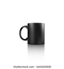 Realistic 3d mockup of a black ceramic mug or cup. Mock up and template of a black ceramic mug for hot drinks, coffee and tea. Isolated realistic vector illustration.