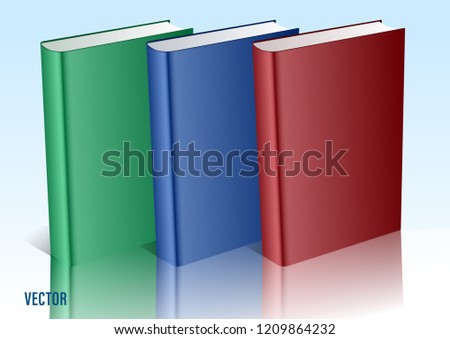 Realistic 3D mockup of closed blank rectangular books izolated at specular background. Vector Illustration