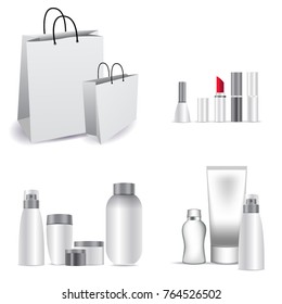 Realistic 3d mock-up of cosmetic package. Set vector blank templates of empty and clean white plastic containers: bottles with spray, dispenser and dropper, cream jar, tube.
