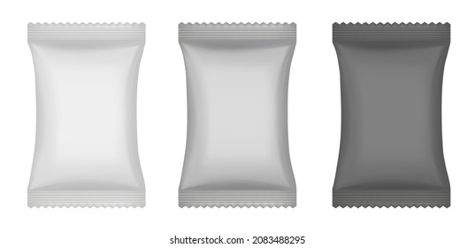 Realistic 3d mockup of a flow pack or sachet. Black pouch. Lollypop, candy, chocolate bar or ice cream wrapper. Silver foil bag. Soap or wet wipes