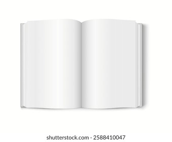 Realistic 3D mockup of an open book with blank pages, ideal for showcasing book content.