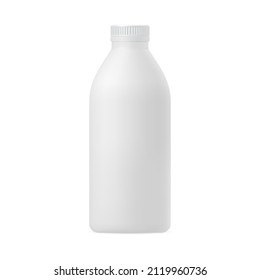 Mofa 3d realista de una botella de plástico para leche, kefir, bebidas lácteas con una gorra sobre fondo blanco. Plantilla de embalaje para diversos líquidos, medicamentos, cosméticos.