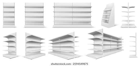 Realistic 3D mockup of a supermarket shelf with multiple rows, perfect for showcasing products in a retail environment.