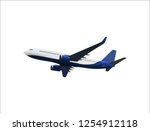 Realistic 3D model of an airplane flying in the air of white and blue coloring. Vector Illustration. EPS10