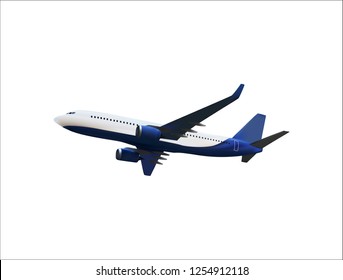 Realistic 3D model of an airplane flying in the air of white and blue coloring. Vector Illustration. EPS10