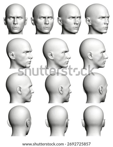 Realistic 3D model of a male head character set displaying facial expression. This detailed anatomical visualization is perfect for medical, educational, and artistic projects.