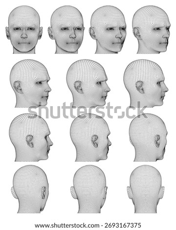 Realistic 3D model of a male head displaying various facial expressions in a detailed character set. This visual representation highlights the anatomy of the human head.