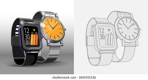 Realistic 3d models of digital and mechanical steel watches. Smart and classic Watches Poster Design Template. Coloring page and colorful watches. Vector Illustration