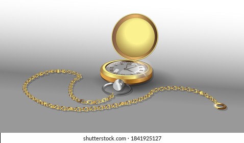 Modelos realistas 3d de reloj de bolsillo de oro con cadena. Plantilla de diseño de afiches de relojes de bolsillo clásicos de oro. Ilustración vectorial