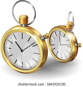 Modelos realistas de relojes de bolsillo de oro en 3d. Dos plantillas clásicas de diseño de afiches de relojes de bolsillo. Ilustración vectorial