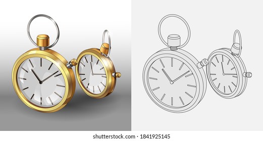 Modelos realistas de relojes de bolsillo de oro en 3d. Dos plantillas clásicas de diseño de afiches de relojes de bolsillo. Colorido página y vistazos coloridos. Ilustración vectorial