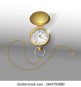 Modelos realistas 3d de reloj de bolsillo de oro con cadena. Plantilla de diseño de afiches de relojes de bolsillo clásicos de oro. Ilustración vectorial