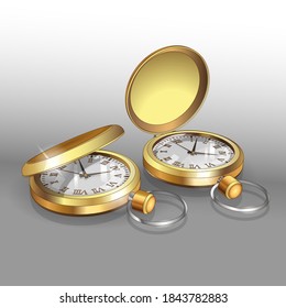 Realistic 3d models of gold pocket watches. Two classic pocket Watches Poster Design Template. Vector Illustration