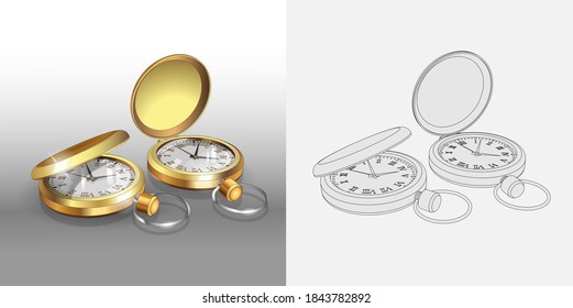 Modelos realistas de relojes de bolsillo de oro en 3d. Dos plantillas clásicas de diseño de afiches de relojes de bolsillo. Colorido página y vistazos coloridos. Ilustración vectorial