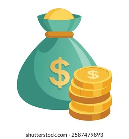 Realistic 3D Money Bag with Stacked Coins – Vector Illustration, Cartoon, Clipart and Line Art