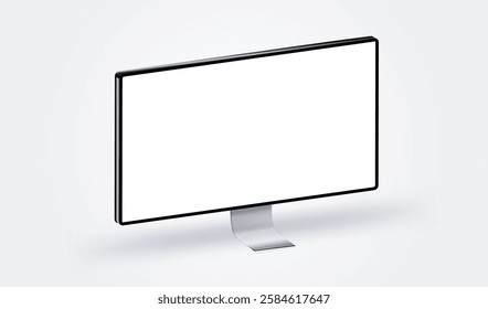 Realistic 3d monitor standing on desk. Computer tv hdtv monitor mockup perspective front view with white empty screen for display your ux design, site, presentation and project. Vector illustration.