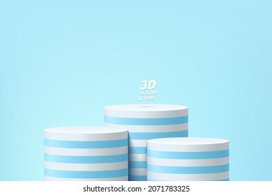 Realistic 3d multicolor white and Light blue stand podium set. Vector abstract studio room with 3D geometric platform. Pastel minimal wall scene for cosmetic products showcase, Promotion display.