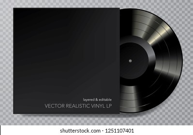 realistic 3d music gramophone vinyl LP record with blank black cover, vector illustration