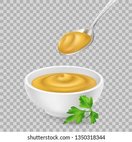 Realistic 3d mustard in a bowl and spoon. Yellow sauce isolated on transparent background. Spicy dressing in ramekin with parsley. Side view, vector illustration for food packaging. Realism.