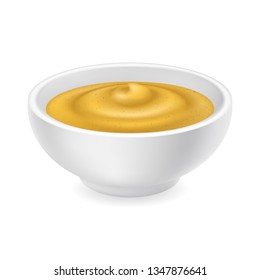 Realistic 3d Mustard In A Bowl. Yellow Sauce Isolated On White Background. Spicy Dressing In Ramekin. Side View, Realism