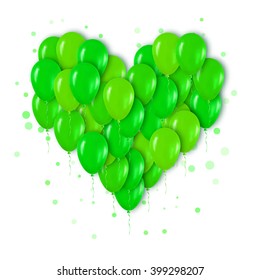 Realistic 3d Neon Green Heart Bunch of  Balloons Flying for Party and Celebrations with confetti. Trendy Design element of Happy Birthday or Valentine's day. Vector Illustration.